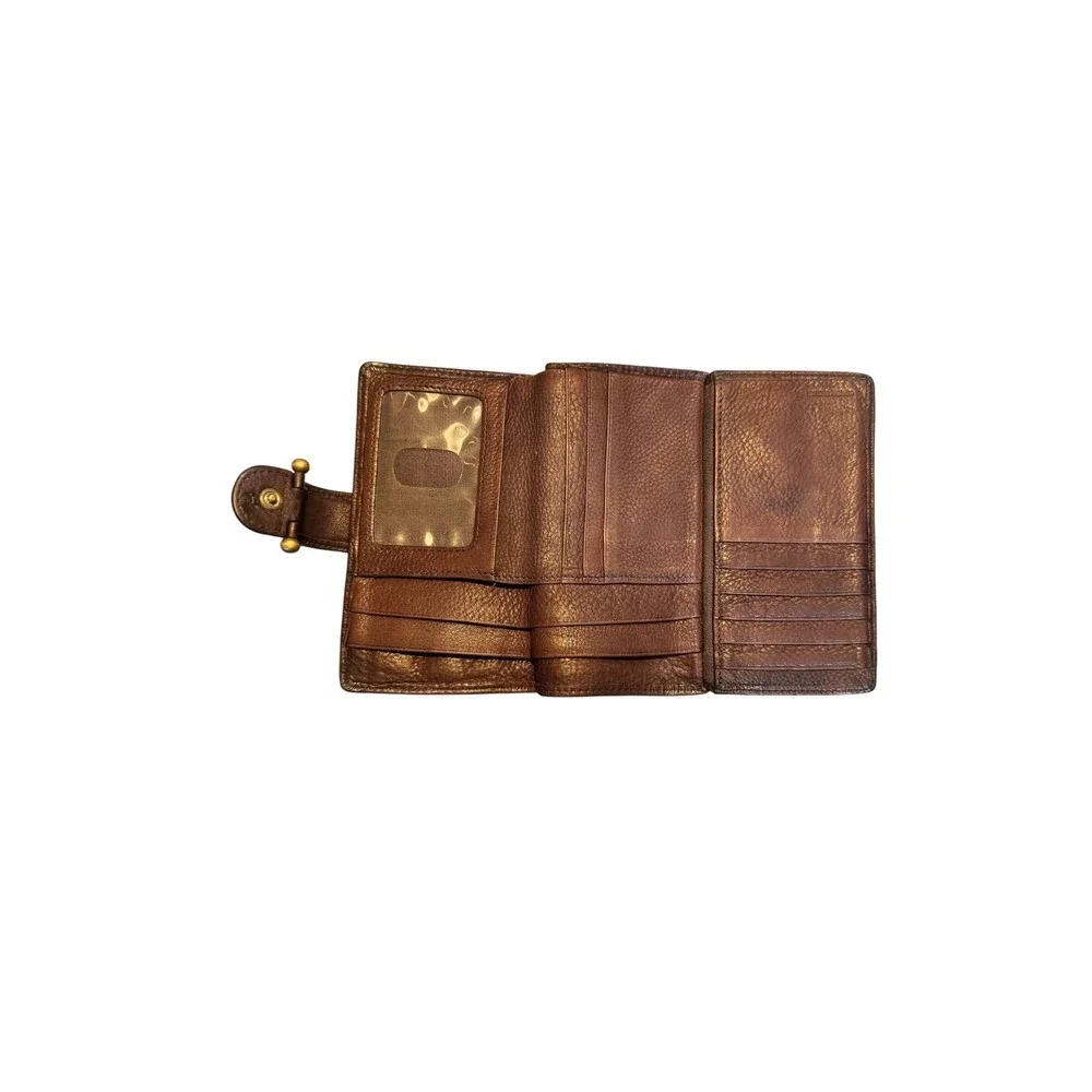 Fossil Womens Dark Brown Pebbled‎ Leather Bifold Wallet Brass Hardware Logo
